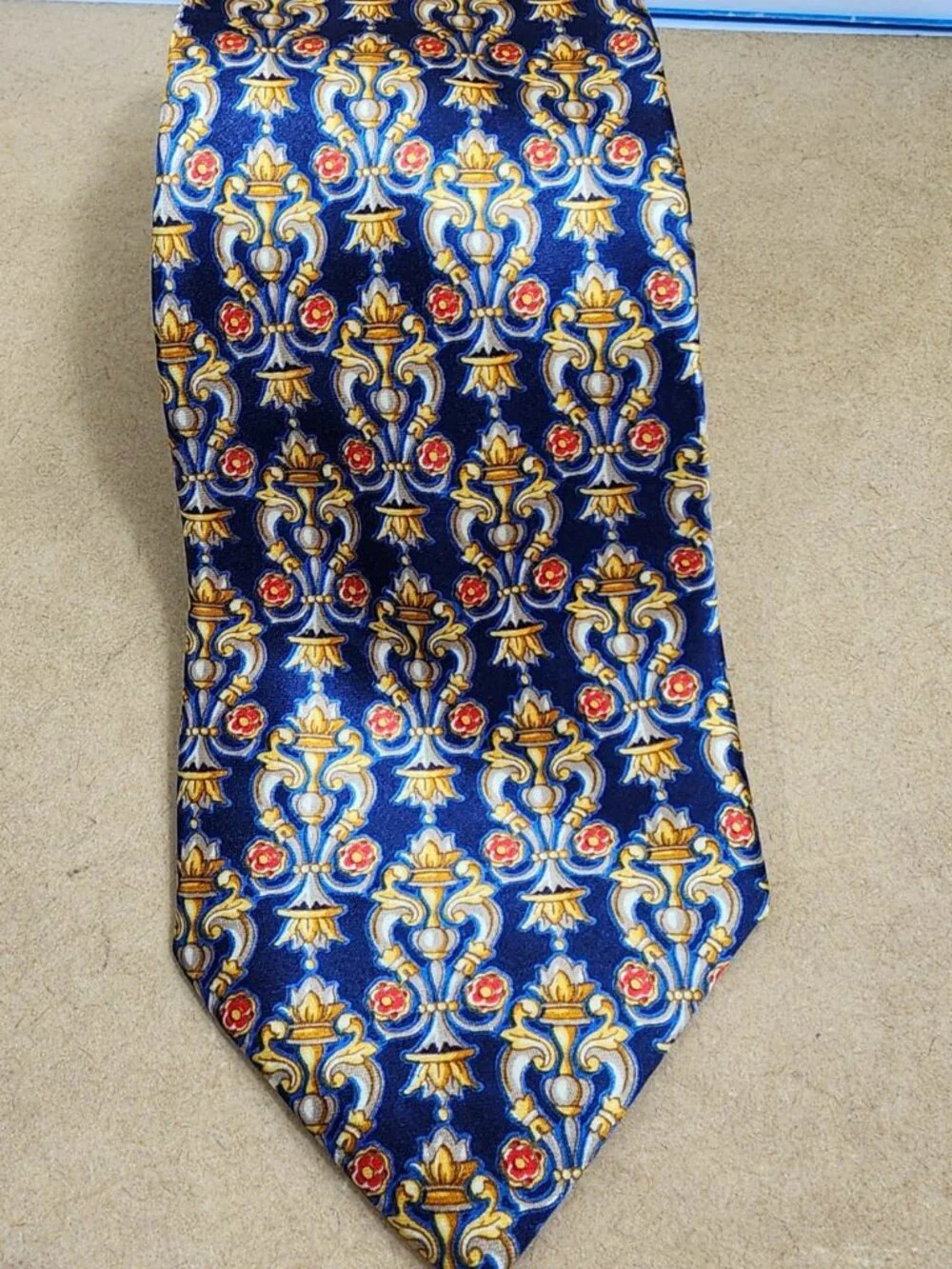 Paco Rabanne VTG Men’s Necktie Navy Blue Gold Floral Baroque Silk Print Italy